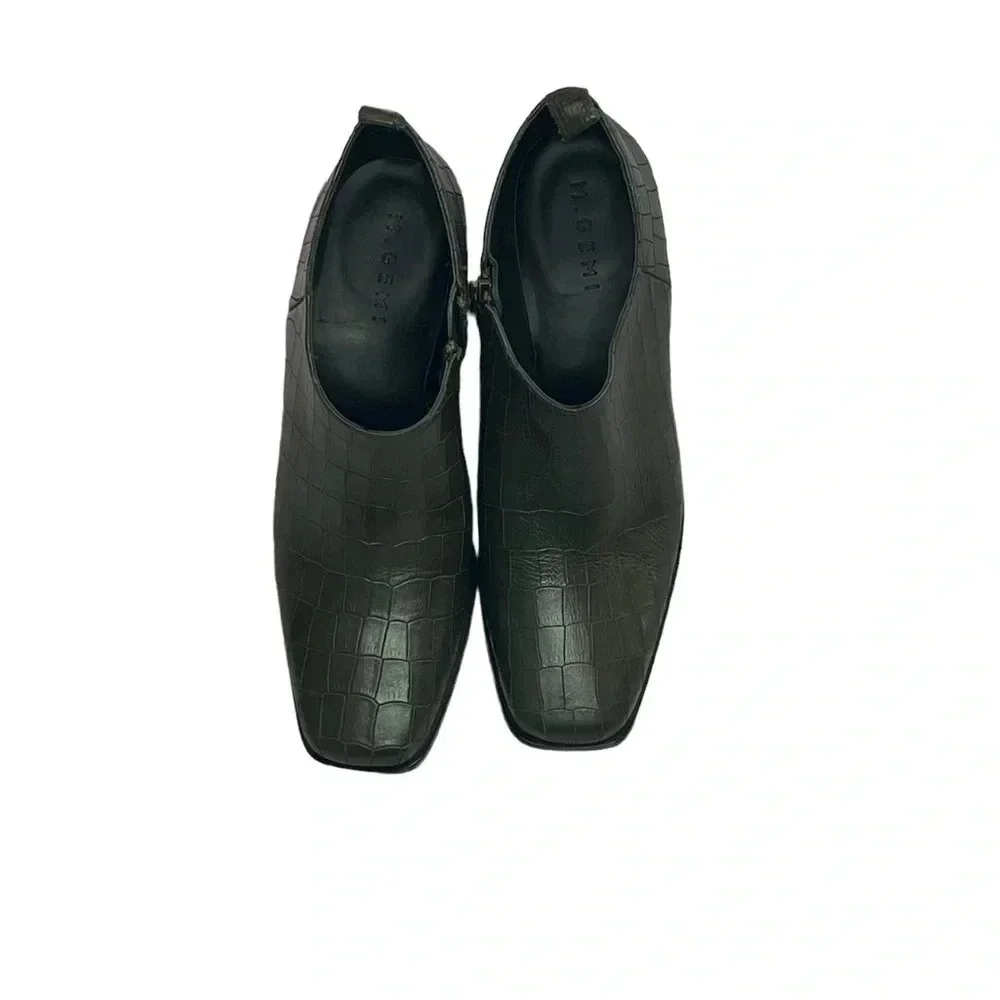 M Gemi Green Leather Ankle Booties Block Heel Size 39